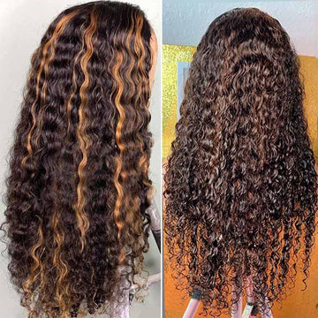 Ali Annabelle Highlight Wig Brown Honey Blonde Water Wave 4x4 Lace Front Human Hair Wigs
